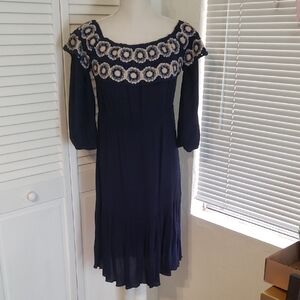 Chic Navy Floral Embroidered Long Sleeve Dress